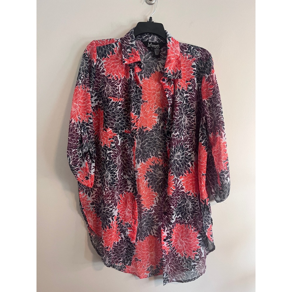 Vincente Floral Button Down Tunic Top Red Purple Black Roll Tab Sleeve Large